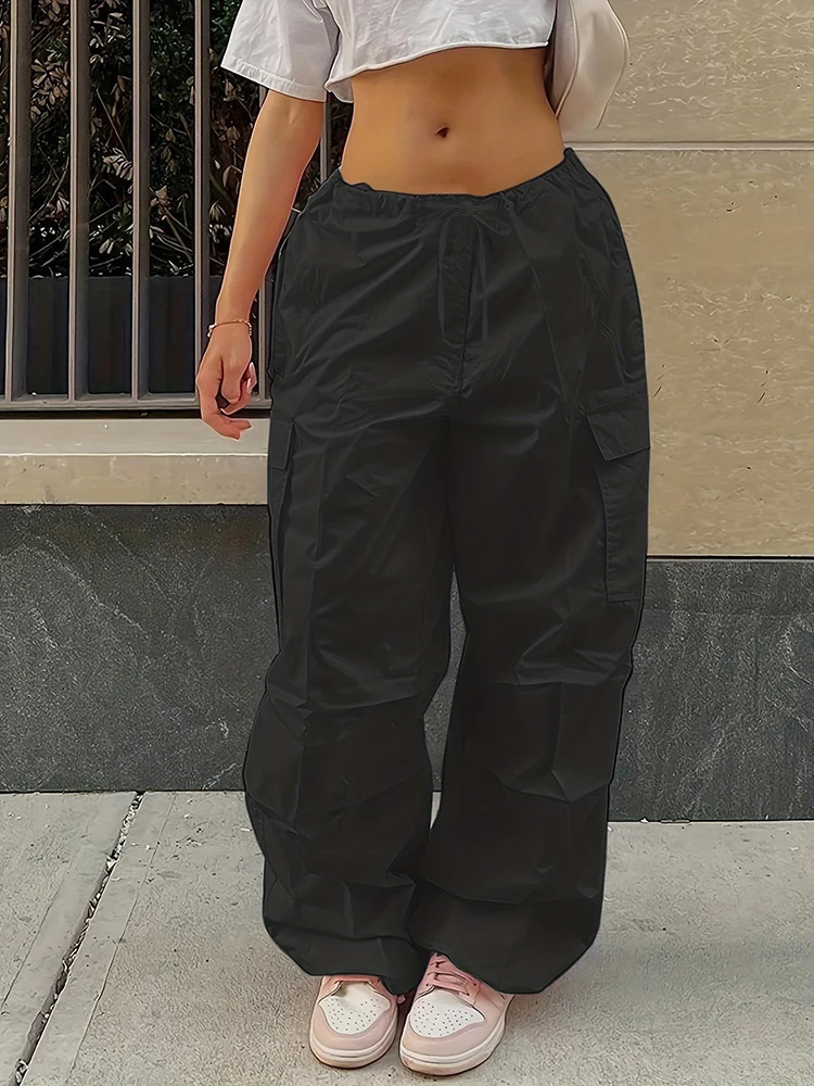 Y2K solid color low-waist parachute multi-pocket drawstring overalls 240821
