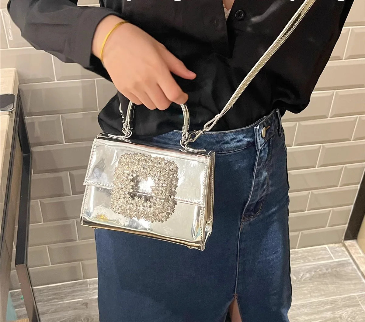 Fashion Shining PU Gold Silver Dress Wallet Diamond Satin Ball Evening Bag Womens Crsosbody Handbag Flip Shoulder 240821