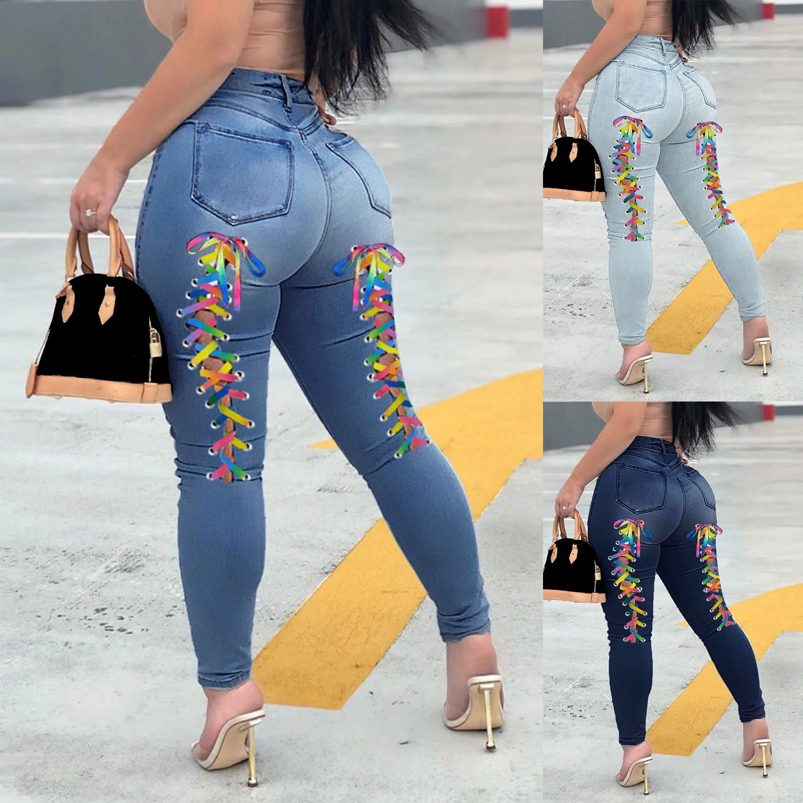 Ladies Color Straps Denim Pants Fashion Casual Stripe Sexy Pants Casual Slim Baggy Jeans For Women Korean Streetwear Trousers 240821