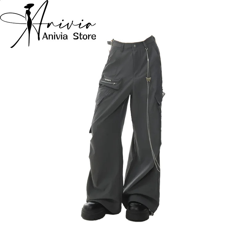 Womens Grey Baggy Cargo Pants Vintage Y2k Harajuku 90s Aesthetic Black Parachute Pants High Waist Wide Trousers 2000s Clothes 240821