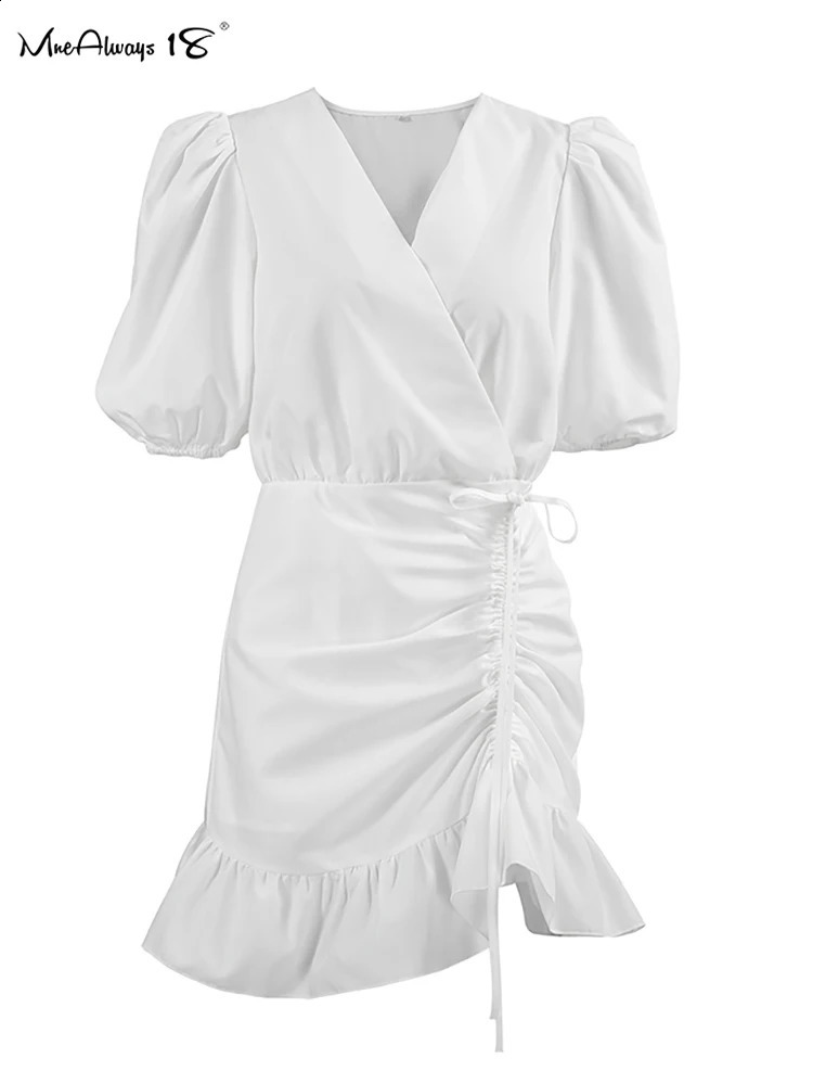 Mnealways18 Black Drawstring Elegant Mini Dress Womens Puff Sleeves Ruffled V-Neck Office Ladies Dress Summer High Waisted 240822