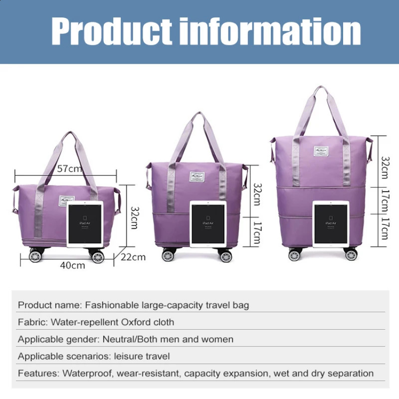 Travel cart with wheels storage bag waterproof pulley portable foldable expandable fashionable large capacity clothing 240821
