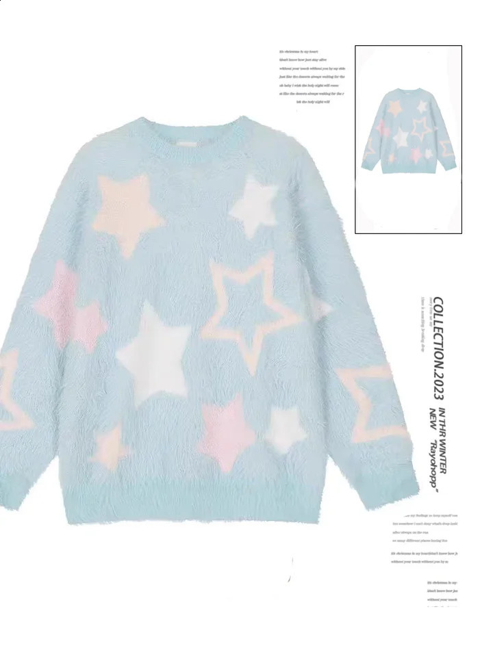 Womens Mohair Star Pullover Sweater Harajuku Korean 90s Aesthetics Y2k Long Sleeve Jumping Retro 2000s Autumn Clothing 240821