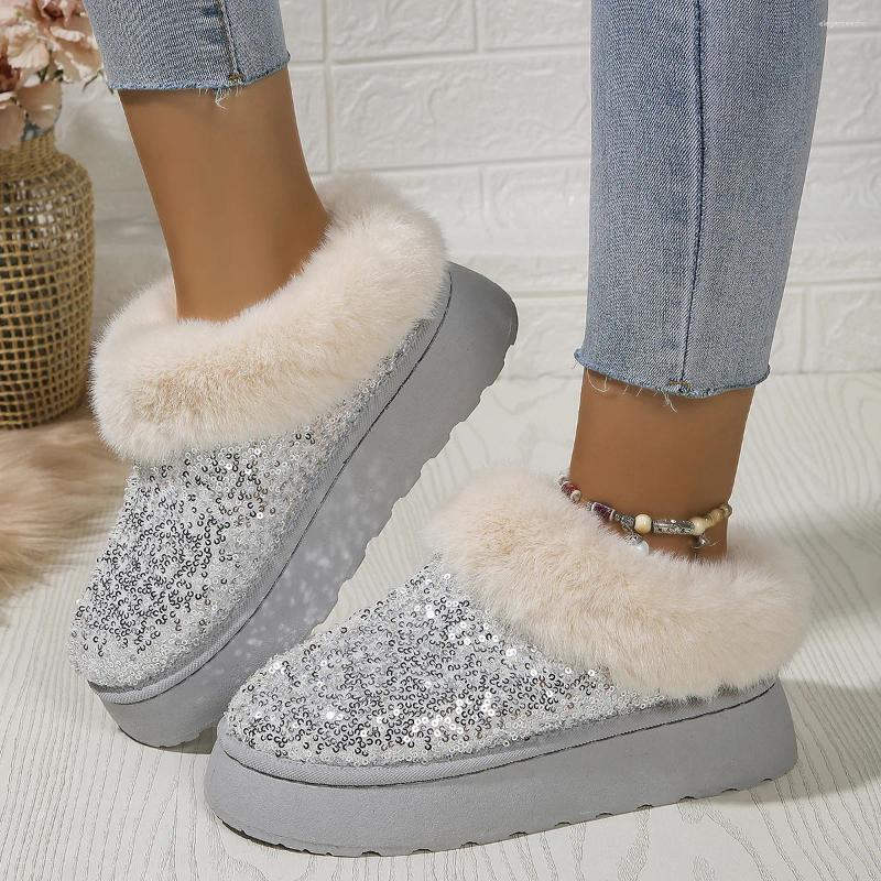 Boots 2024 Fashion Sequined Cloth Warm Snow Woman Non-Slip Thicken Plush Ankle Booties Faux Fur Winter Women