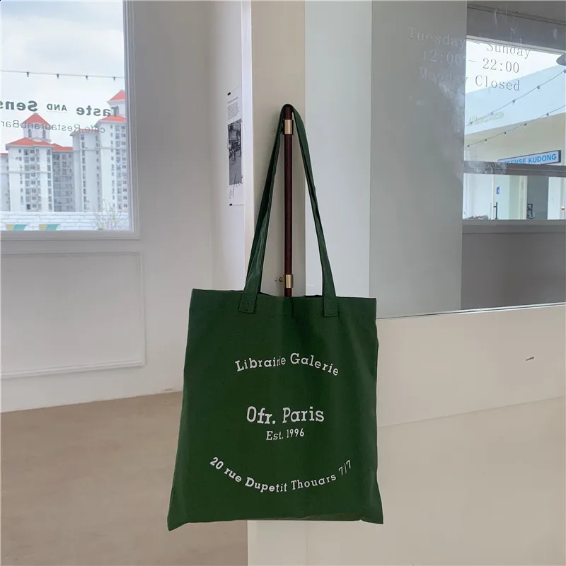 Women Canvas Shoulder Bag Paris Letter Print Ladies Casual Handbag Tote Bag Reusable Large Capacity Cotton Shopping Beach Bag 240821