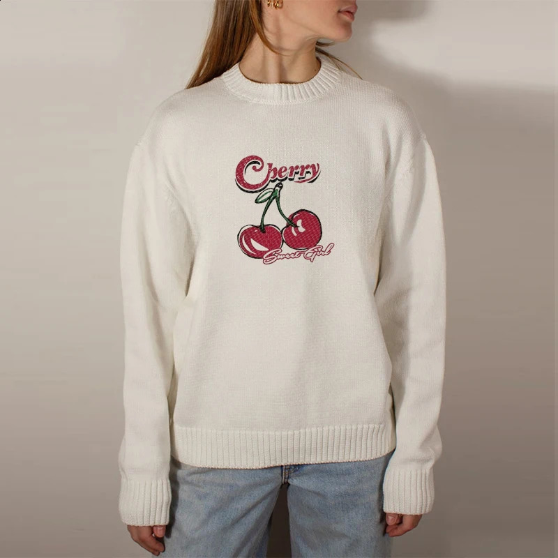 2024 Autumn Women Casual Sweater Cherry Pattern Cute Couple Sweaters O-Neck Long Sleeve Male Knitted Sweater Harajuku Pullover 240821
