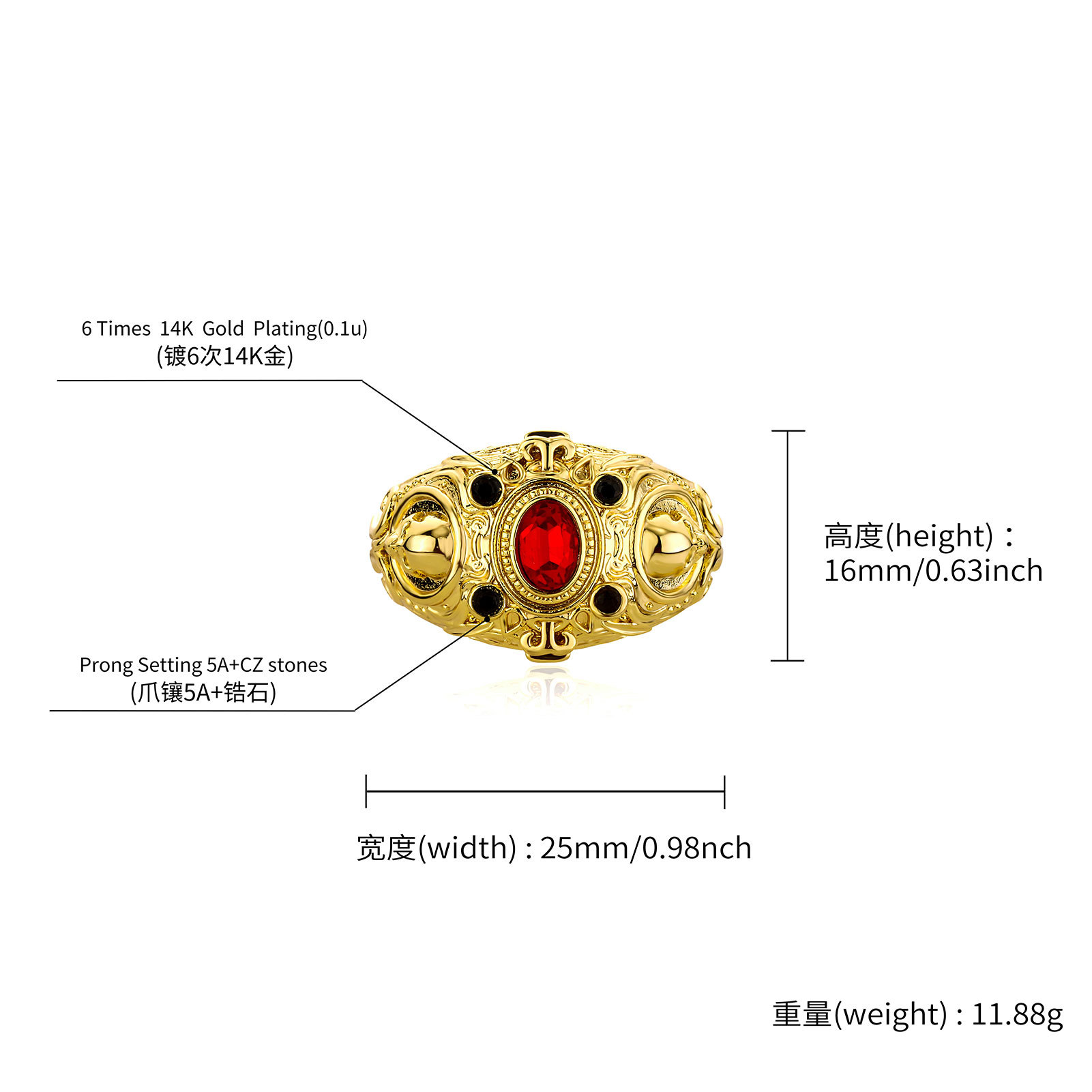 Hip Hop Micromosaic Full Zircon Skull Head Ring 18K Real Gold Plated Jewelry