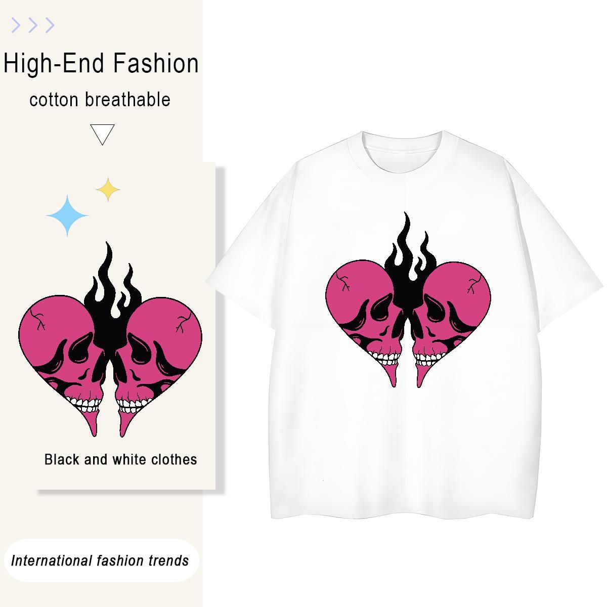 Classic T Shirts Women 230g Cotton O-Neck Short Sleeve Hip Hop skull Couples T Shirts Comfortable Plus Size Cartoon Polos
