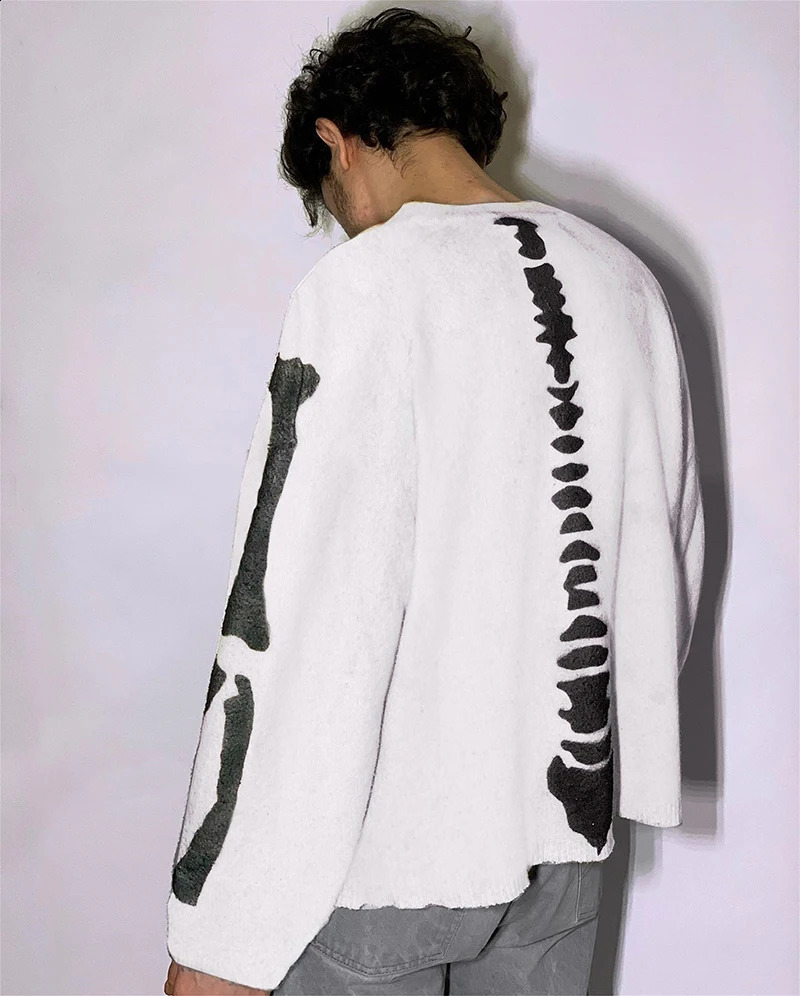 Mens Pullover Sweater Autumn and Winter Skeleton Fashion Casual Loose Thick O-neck Gothic Knit Harajuku Street Knit Sweater 240821