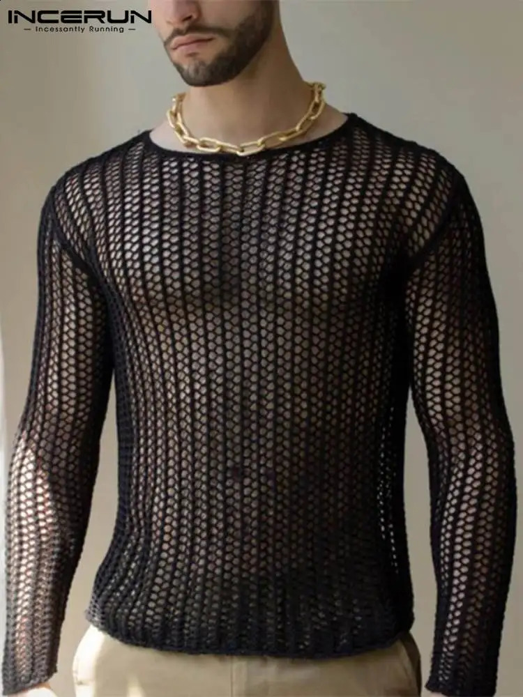 INCERUN Men Mesh T Shirt Transparent Oneck Long Sleeve Clothing Streetwear Sexy Solid Party Nightclub Camisetas 5XL 7 250122
