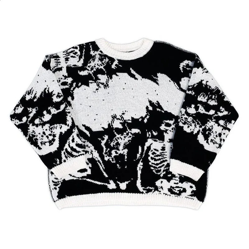 Y2k Harajuku Skeleton Kawaii Retro Cute Round Neck Pullover Sweater Pattern Knitted Warm Loose Oversized Sweatshirt Womens 240821