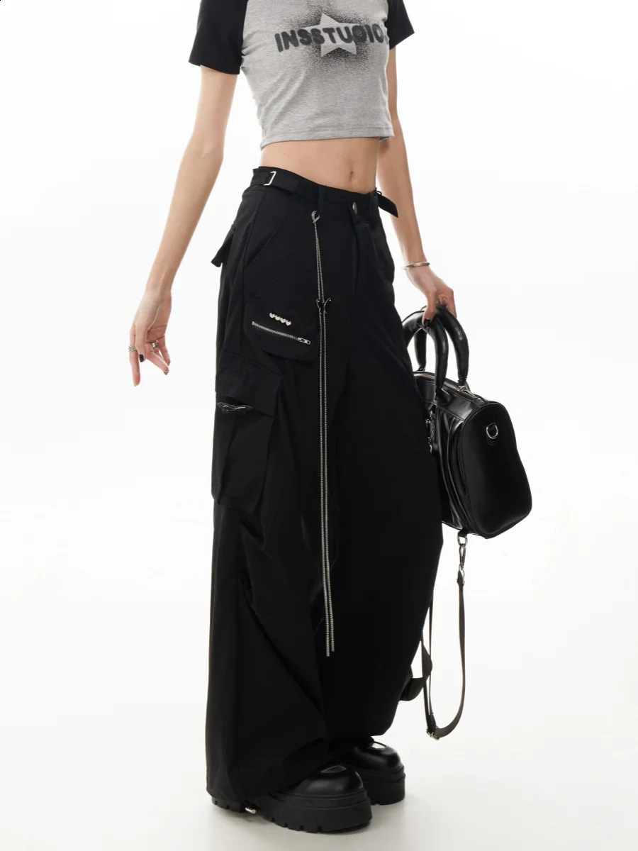 Womens Grey Baggy Cargo Pants Vintage Y2k Harajuku 90s Aesthetic Black Parachute Pants High Waist Wide Trousers 2000s Clothes 240821