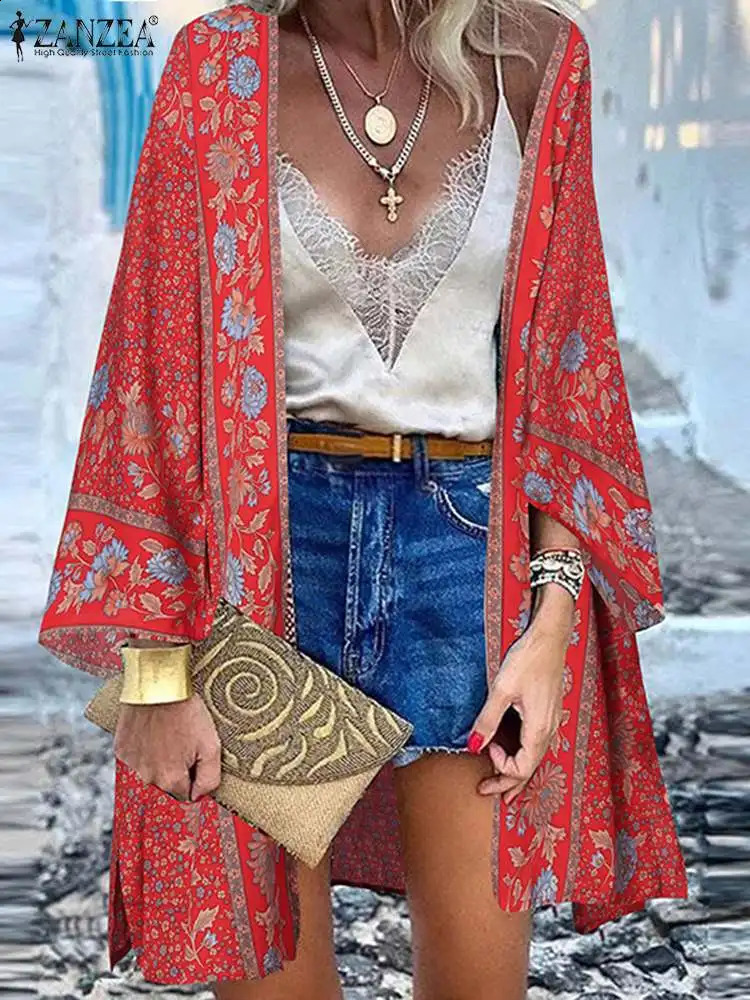 Summer Beach Cardigan Vintage Holiday Shirt ZANZEA Bohemian Women Floral Printed Long Sleeve Blouse Kimono Tops Open Up Cover 240821