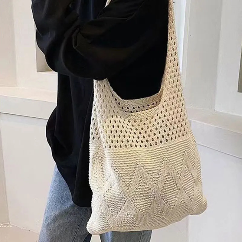 Casual Hollow Out Knitted Women Shoulder Bags Woolen Weave Large Capacity Tote Bag Summer Beach Big Shopper Purses 2024 240821