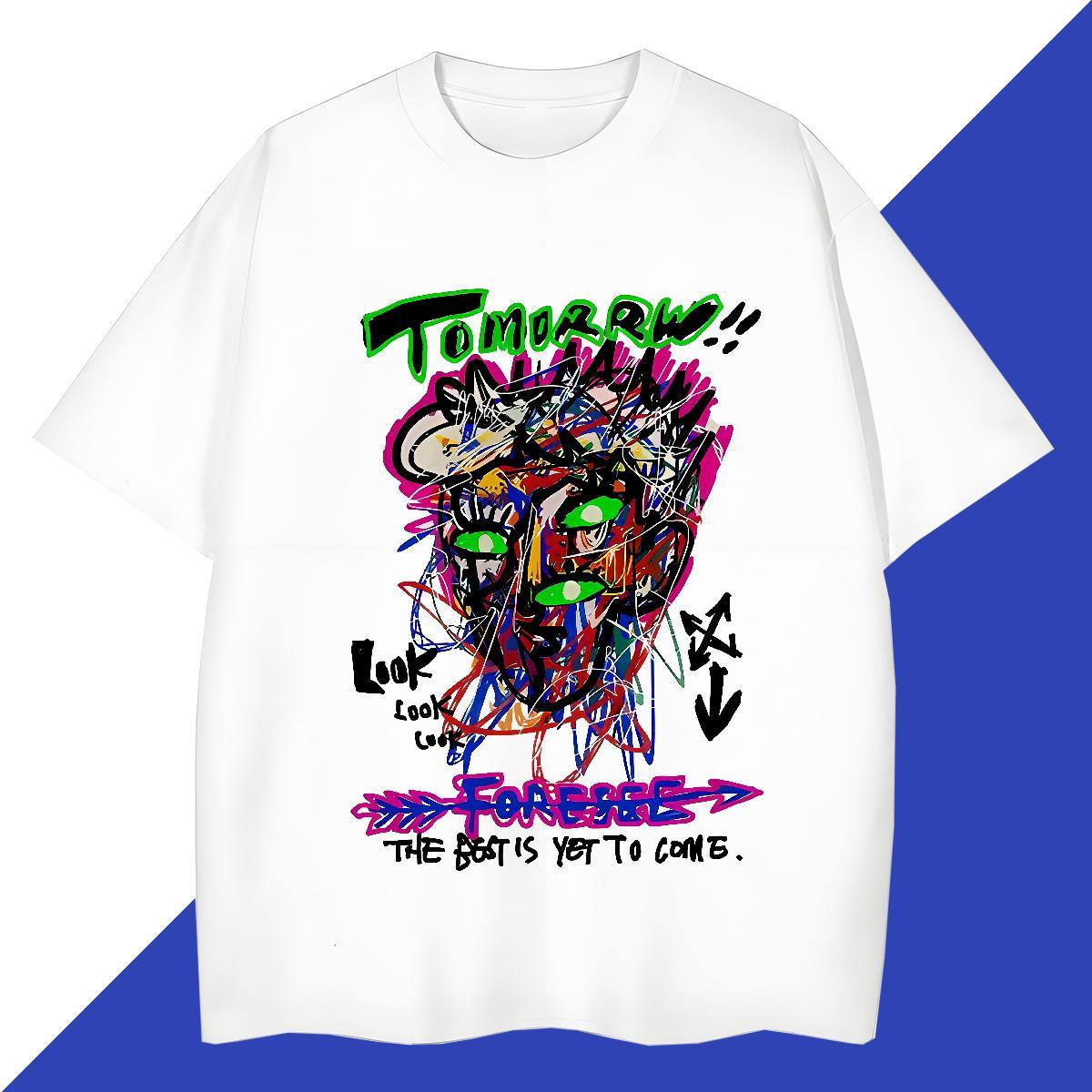 Casual New Mens Tshirts 230g Pure Cotton Hip Hop Street tomorrw Round Neck Short Sleeve T Shirt For Man Cool Cartoon Print Tees Shirts