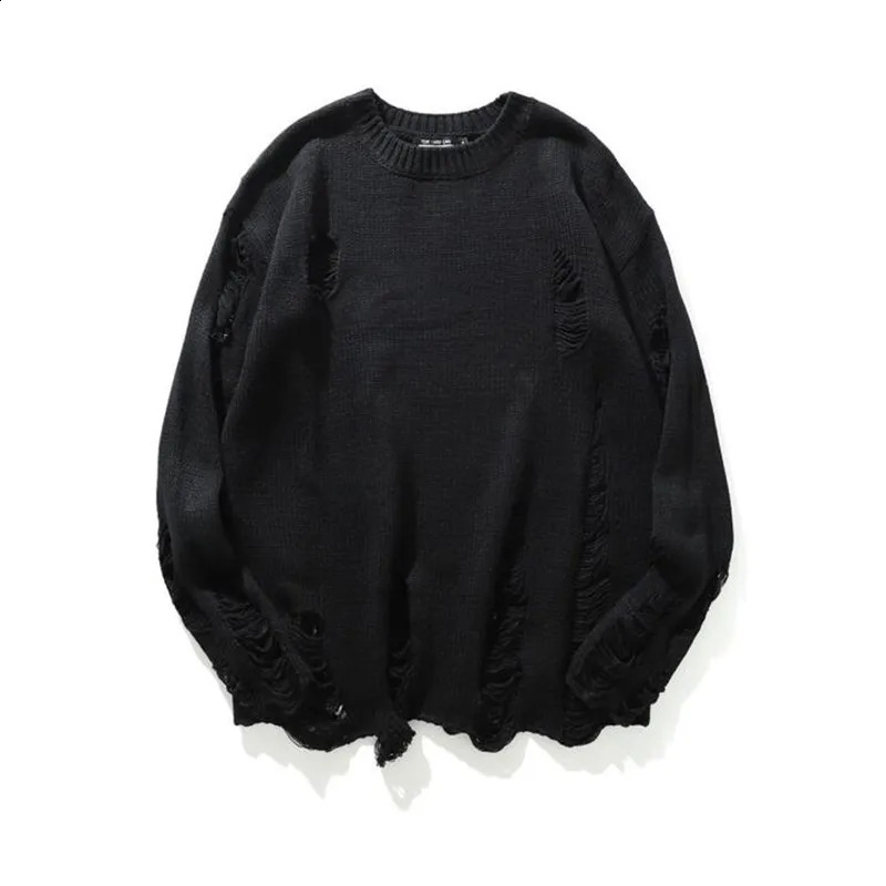 Autumn winter men ripped hole red black striped punk sweater vintage women hip hop oversized knitwear pull homme 240821