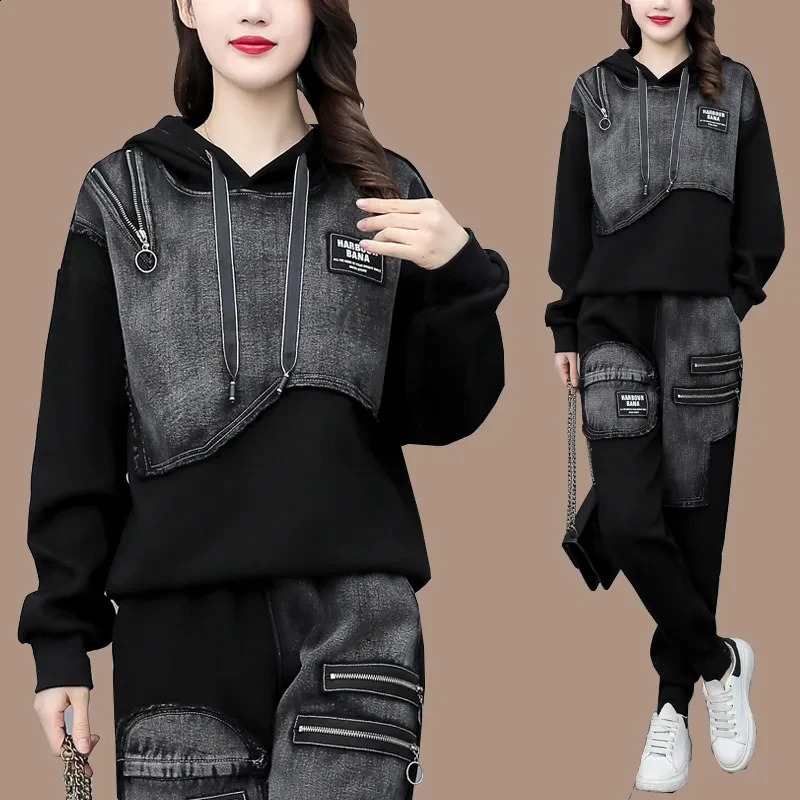 Sportswear Set Women Spring and Autumn Fashion and Westernization Casual Slim Denim Sweatershirt Two Piece Suits Female 240813