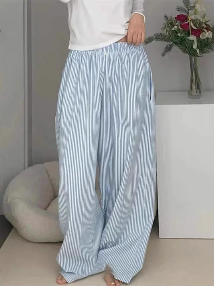 Korean Cotton Bow Striped Wide Leg Women Casual Loose High Waist Pockets Mopping Pajama Pant Comfort Home Straight Trousers Z260314