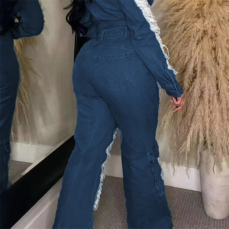 Trend Hollow Out Broken Holes Jeans Women Fashion Leg Patchwork Pocket Denim Pants Female High Waist Trousers Casual Streetwear 240821