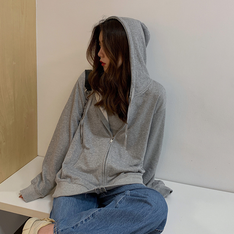 Solid color simple BF style loose mid length hooded sweatshirt cardigan jacket for women spring and autumn season long sleeved top trend dongdumaoyi