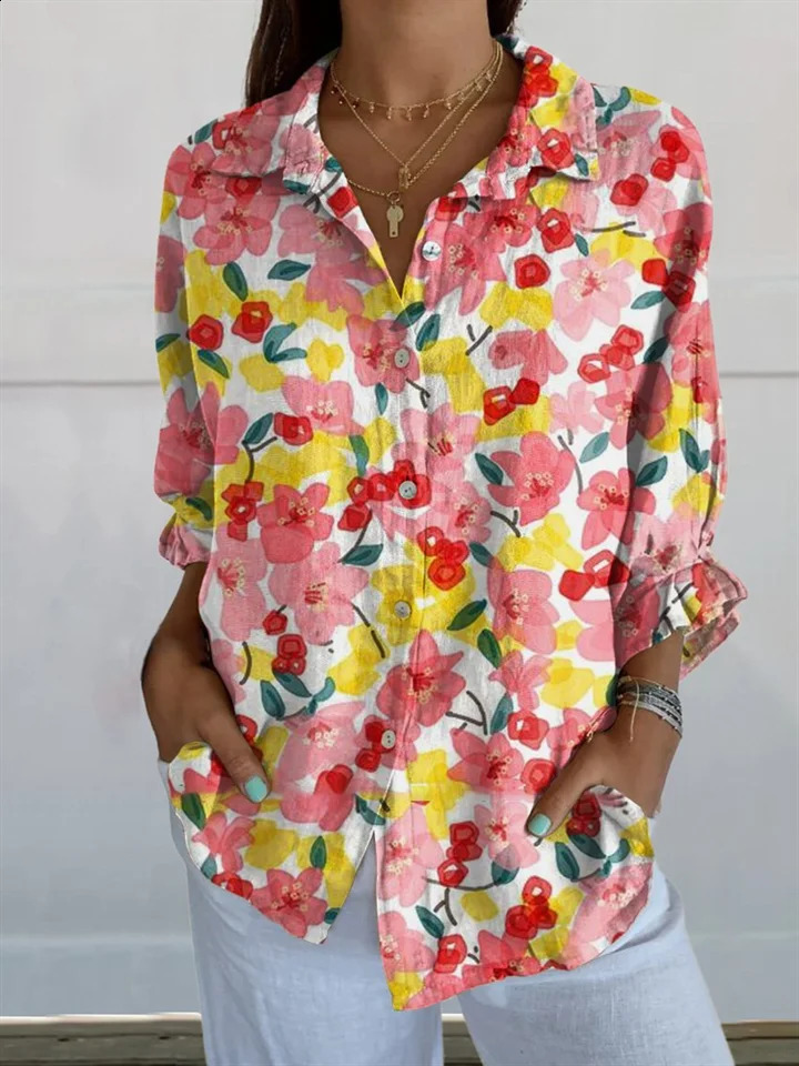 Womens casual style shirt retro 3D printed long sleeved button up fashionable collar jacket top 240822