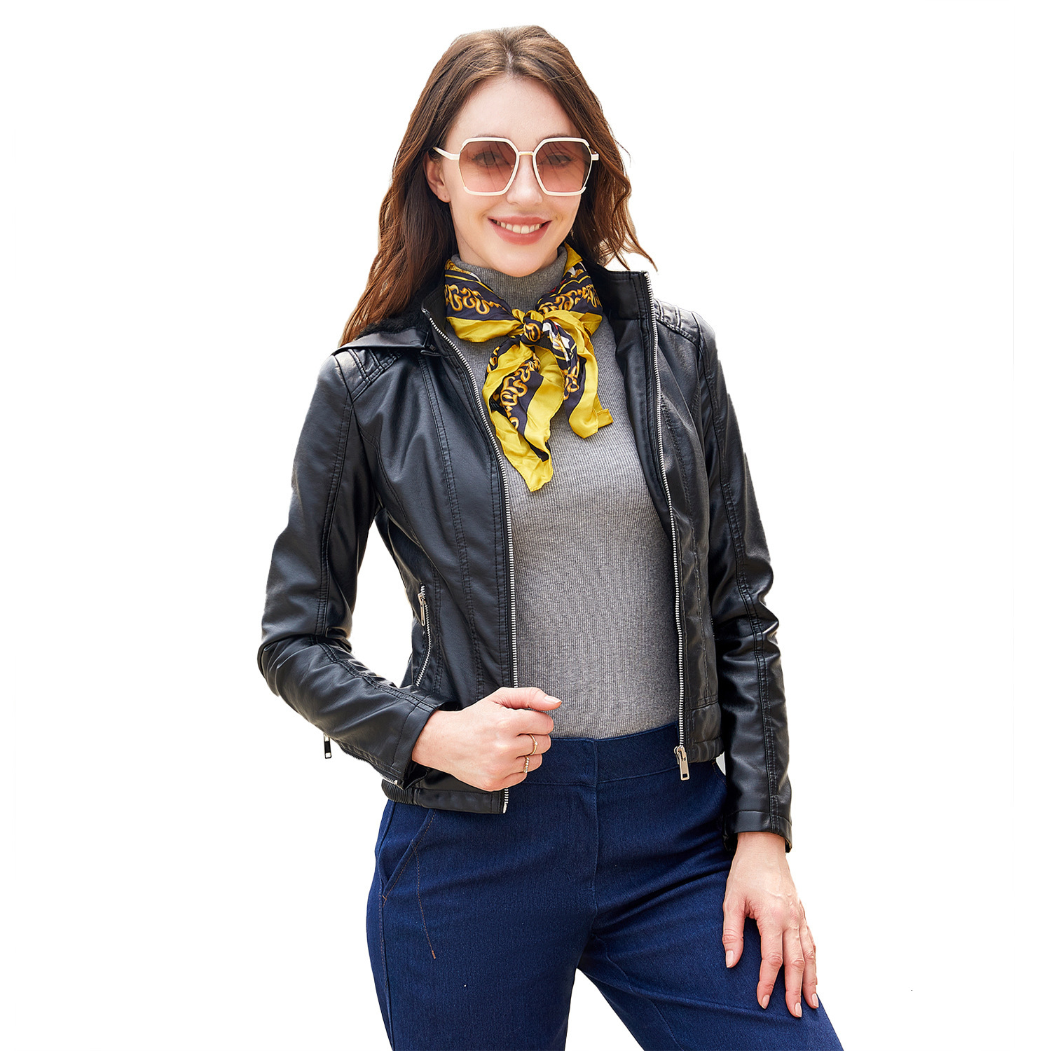 Aw Hooded Leather Womens Detachable Hat Zipper Long Sleeve Plush Leather Jacket European Size Slim Fit Coat