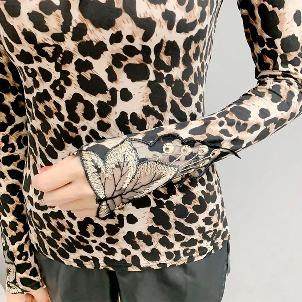 Spring and autumn sexy lace womens shirt long sleeved leopard print leaf embroidery transparent basic casual clothing 240822