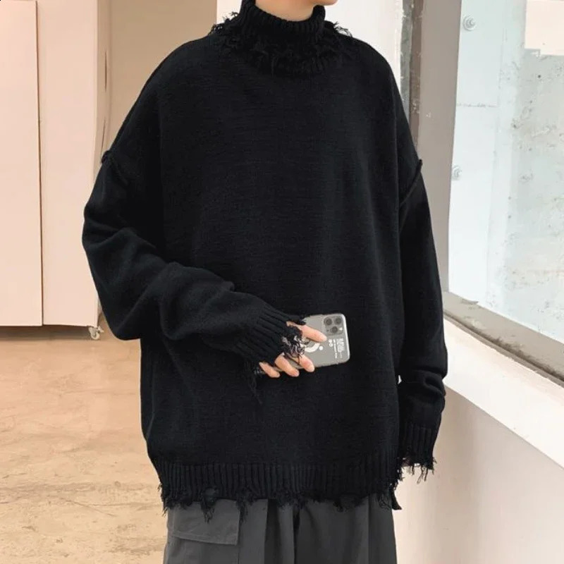 Man Clothes High Collar Knitted Sweaters for Men Torn Solid Color White with Holes Pullovers Plain Turtleneck Street Sheap Ugly 240821