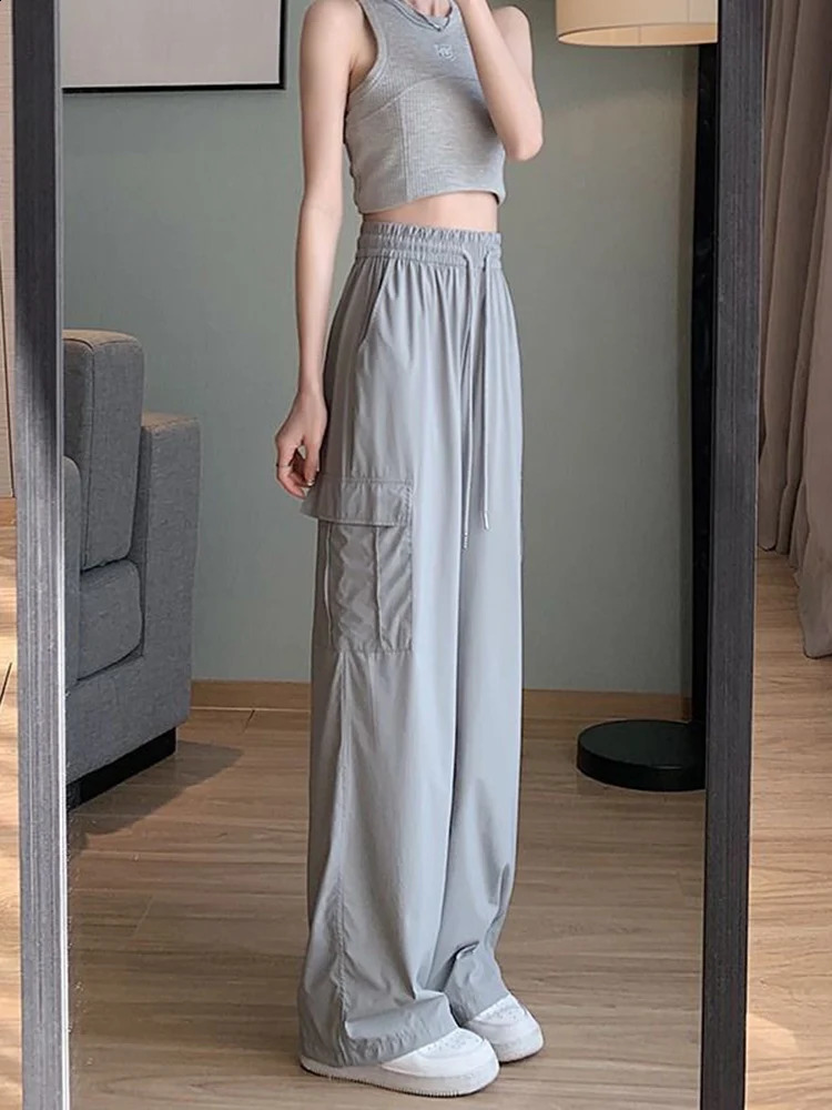 Zoki Y2K American Cargo Pants Women Streetwear Harajuku Retro Trousers Casual High Waist Lace Up Vintage Bf Wide Leg Pants 240821