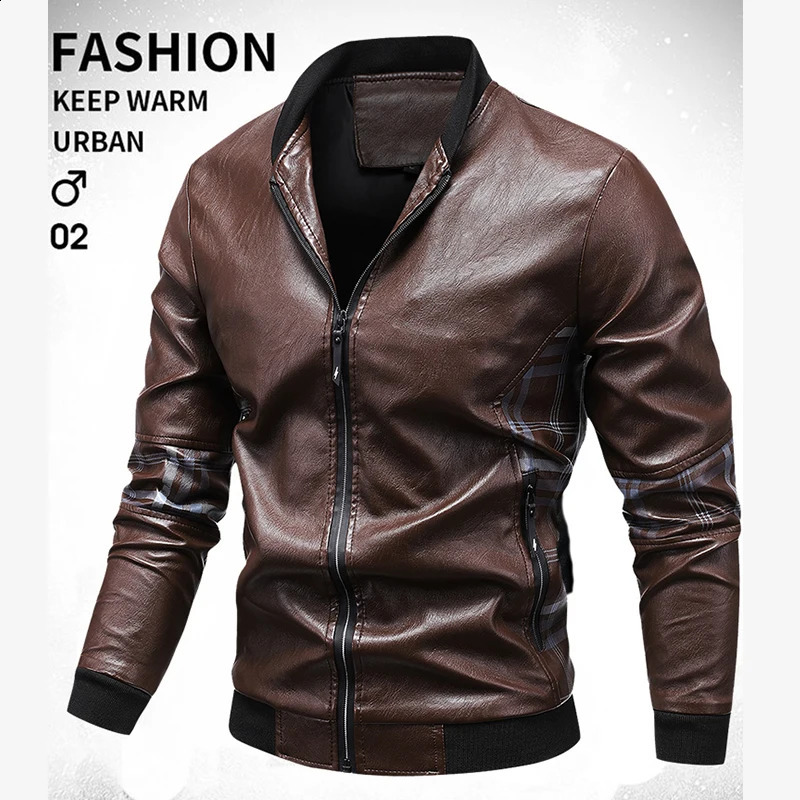 Autumn Side Plaid Spliced Leather Jacket Men Stand Collar Slim Pu Leather Jacket Fashion Motorcycle Causal Coat Winter Mens Coat 240822