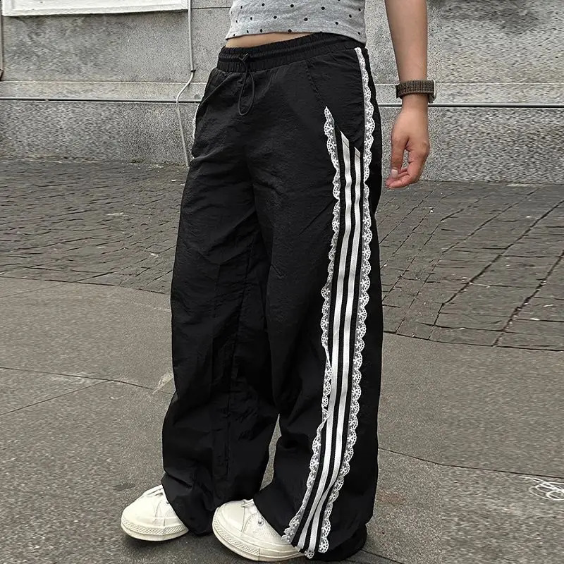 HOUZHOU Coquette Sweatpants Women Summer Y2K Vintage Lace Stripe Patchwork Elastic Waist Casual Sports Pants Trousers Streetwear 240821
