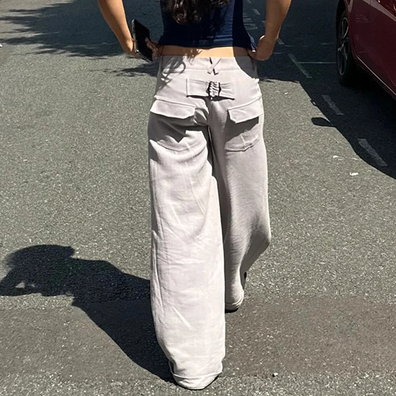 IAMTY Vintage Multi Pockets Cargo Pants Grey Wide Leg Straight Sweatpants Y2K Streetwear Loose Trousers Chic Bottoms Women 240821