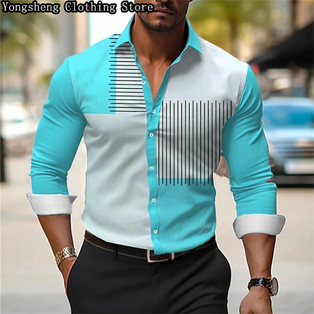 Mens long-sleeved ice silk printed shirt European -selling irregular striped splicing casual business clothing 240822