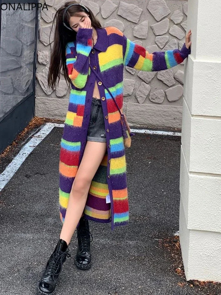 Onalippa Contrast Rainbow Color Knitted Long Cardigan Women Single Breasted Long Sleeves Cardigans Korean Chic Sweater 240814