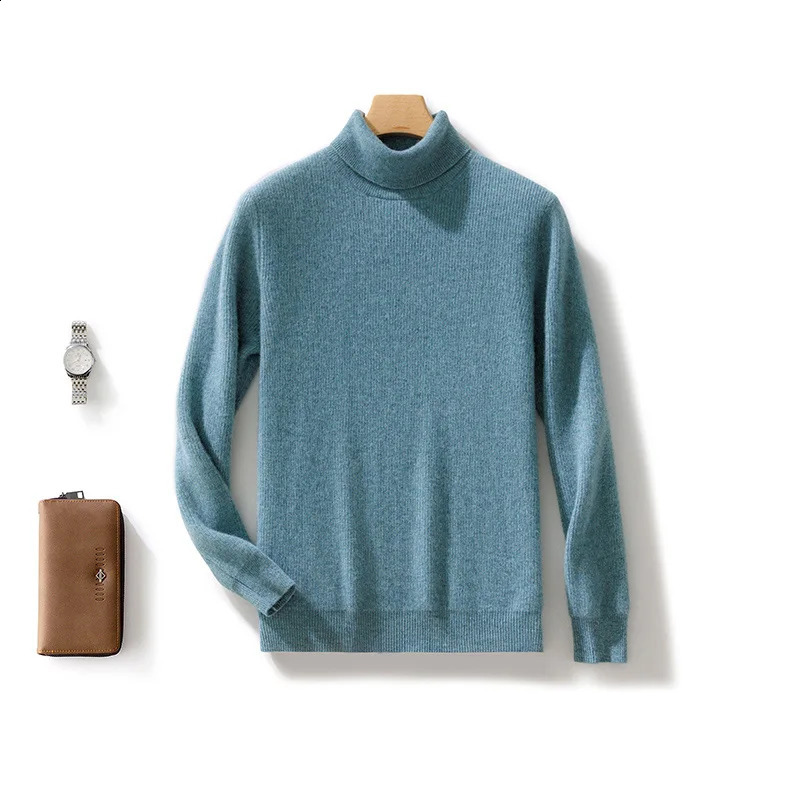 Autumn and winter 100% pure wool mens turtle neck solid color plus size cashmere sweater fashionable bottom 240821