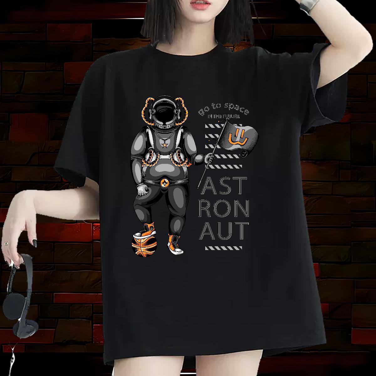 Lady Women Tees 230g Cotton cosmonaut Home Outdoor Women T Shirts Short Sleeve O-Neck Black Oversized Tops Shirt