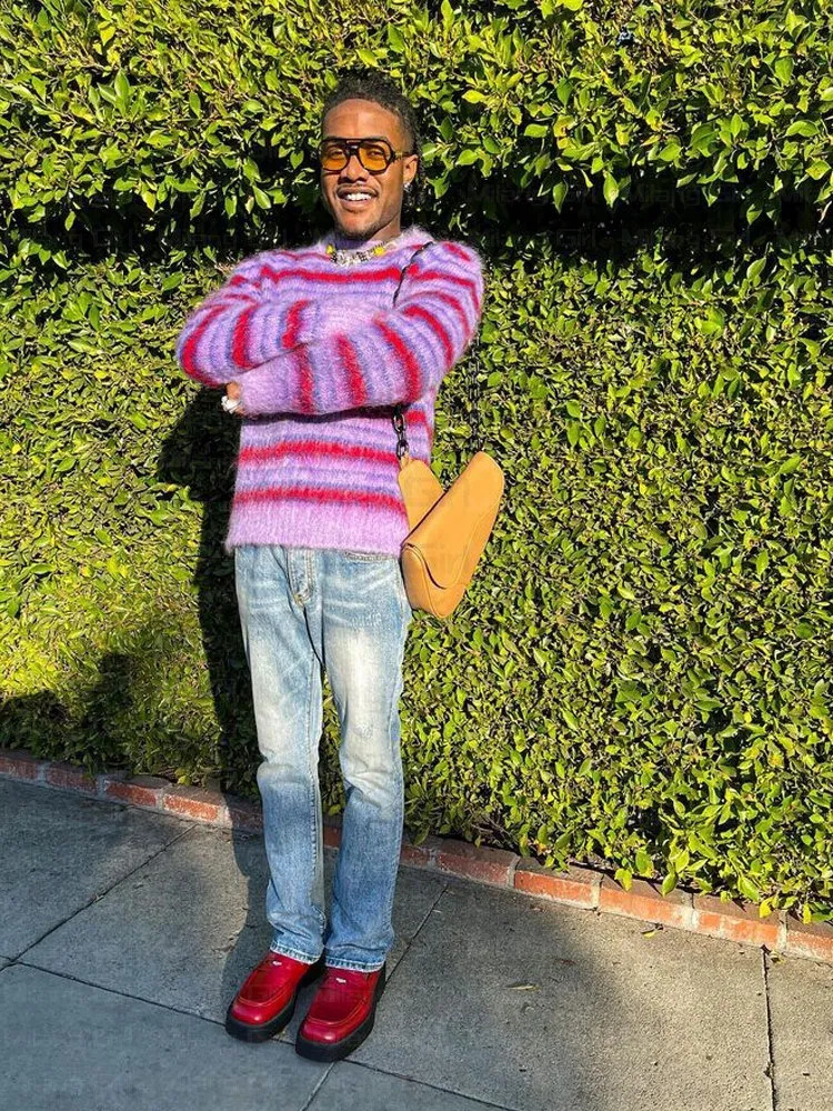 Y2k Purple Striped Japanese Mens Sweater Hip Hop Warm Street Clothing Harajuku La Hua Autumn Womens Extra Large Knitted 240821
