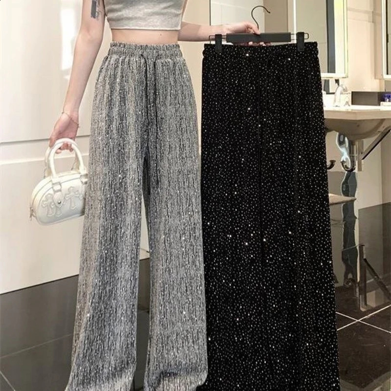 Casual and elegant retro bright diamond crystal wide leg pants Y2K womens pants party womens pants drawstring elastic waist 240821