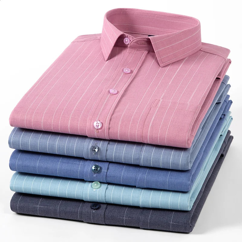 Mens Bamboo Fiber Dress Shirt Long Sleeve Fashion Plaid Stripe Comfort Soft Anti-wrinkle Stretch Slim Fit Business Man Clothes 240822