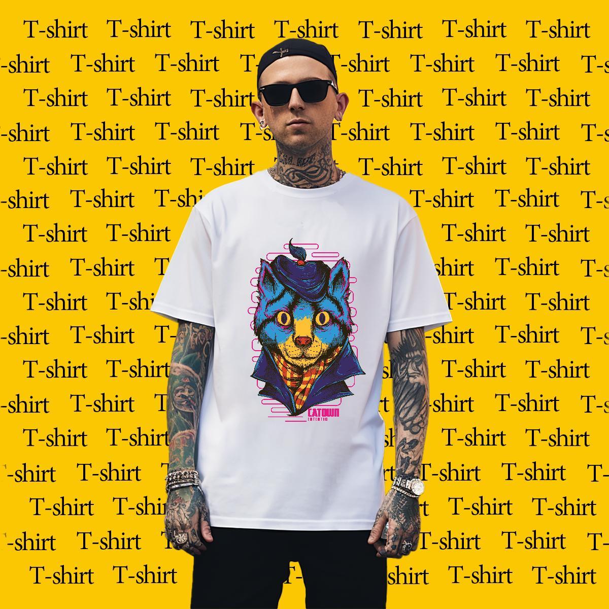 Comfortable Men Tops Tees Daily Outfit 230g Cotton White Plus Size Short Sleeve Soft Blue cat T Shirts Men 2024 Summer Clothes