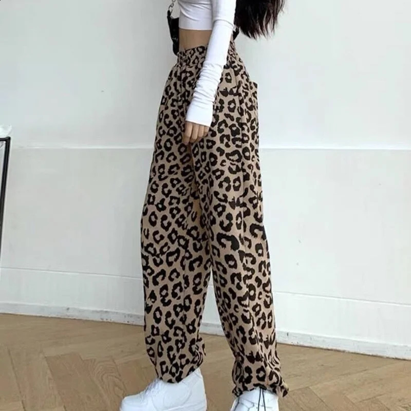 Leopard Pants Women High Elastic Waist Cozy Loose Wide Leg Students Vintage Female Spring Trouser Korean Style Streetwear Trendy 240821