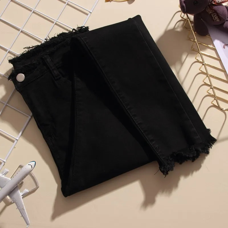 Spring 5XL Stretch Womens Jeans Streetwear Black Sexy Slim Tassel Skinny Pencil Pants Casual Female Denim Trousers 240821
