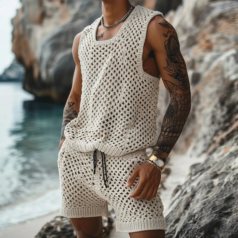 Casual Breathable Knitted Hollow Out Two Piece Sets Men Vintage O Neck Sleeveless Tank Top Knit Shorts Mens Outfits Summer Suits 240819
