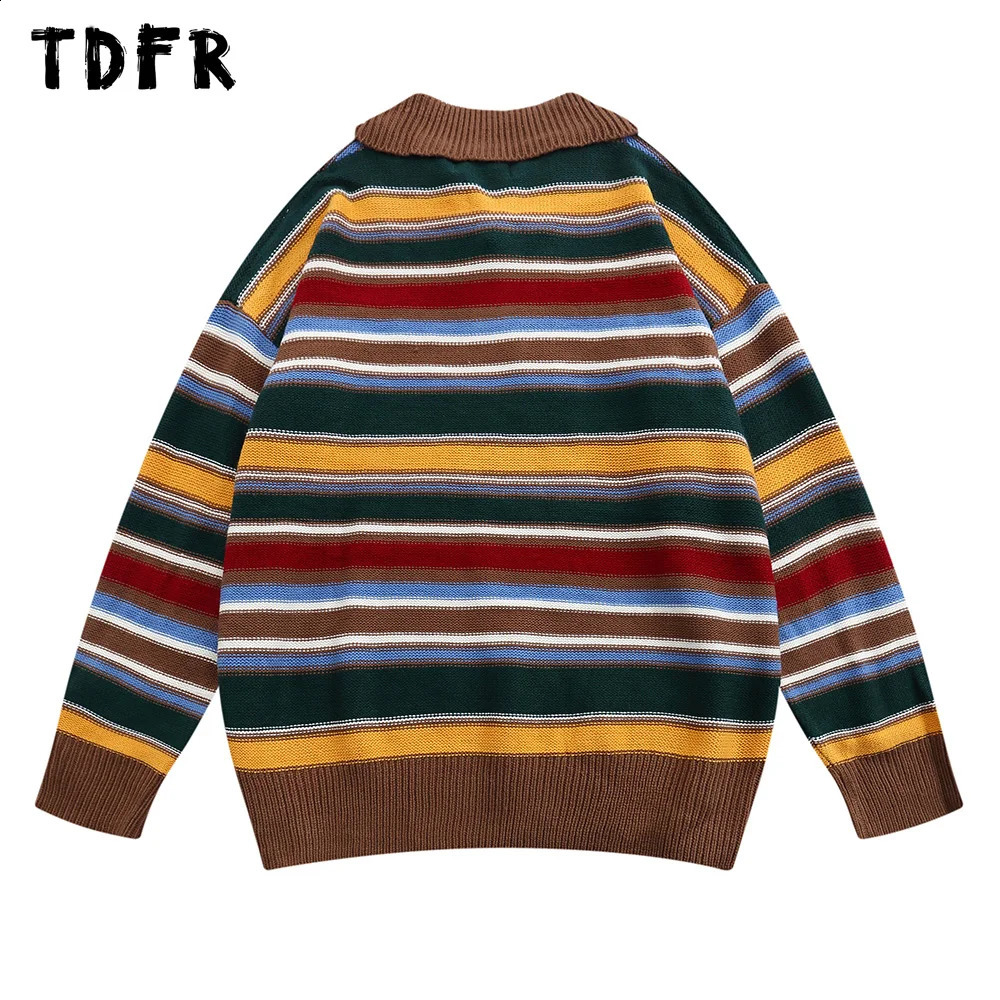 Contrast horizontal striped sweater mens autumn retro casual loose collar long sleeved knitted floral men 240821