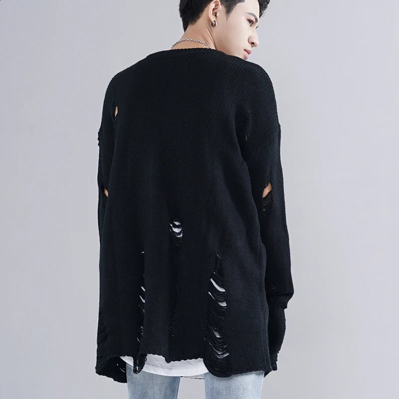 Autumn winter men fashion ripped destroyed holes sweater vintage loose pullover women couple stripe oversize punk hip hop jumper 240821