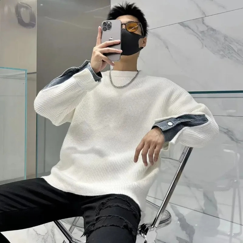 autumn and winter mens floral round neck patch work solid color loose fashion casual elegant commuting long sleeved sweater 240821