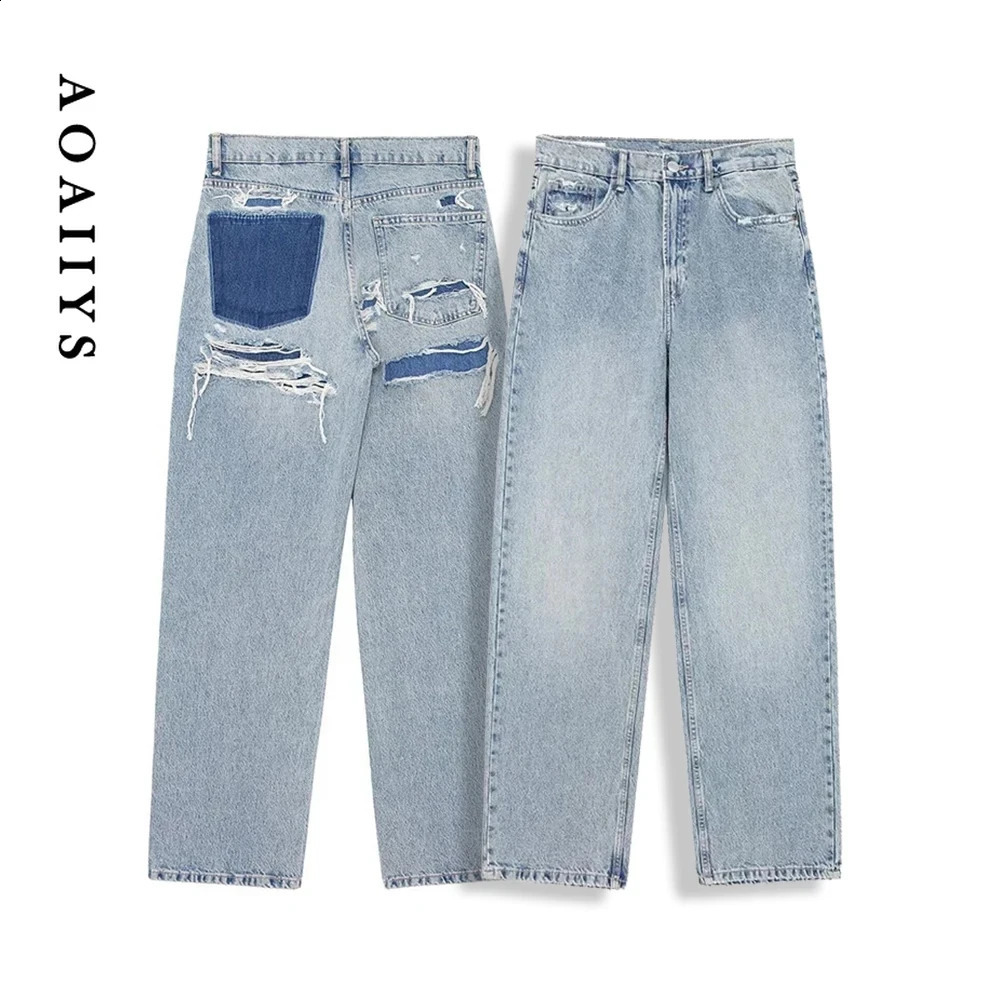 Aoaiiys Blue Baggy Jeans Women High Waisted Vintage Denim Pants Fashion Jeans Trousers Patchwork Casual Streetwear Y2k Jeans 240821