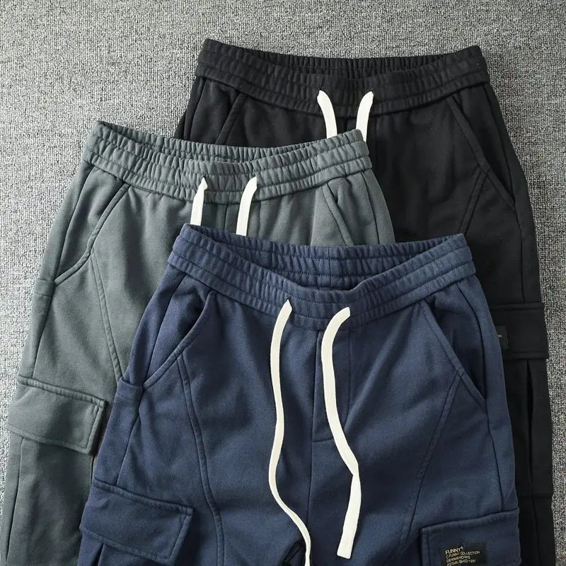 Houjie casual mens drawstring cargo pants with multiple pockets classic stickers cool and trendy fully matched Trousers 240821