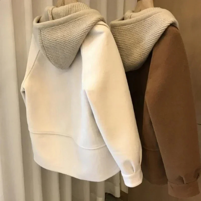 Drama Female Lead Stitching Coat Oversize Ins Streetwear Hooded Women Clothing Spliced Knitted Hooded Woolen Jacket for Women 240822
