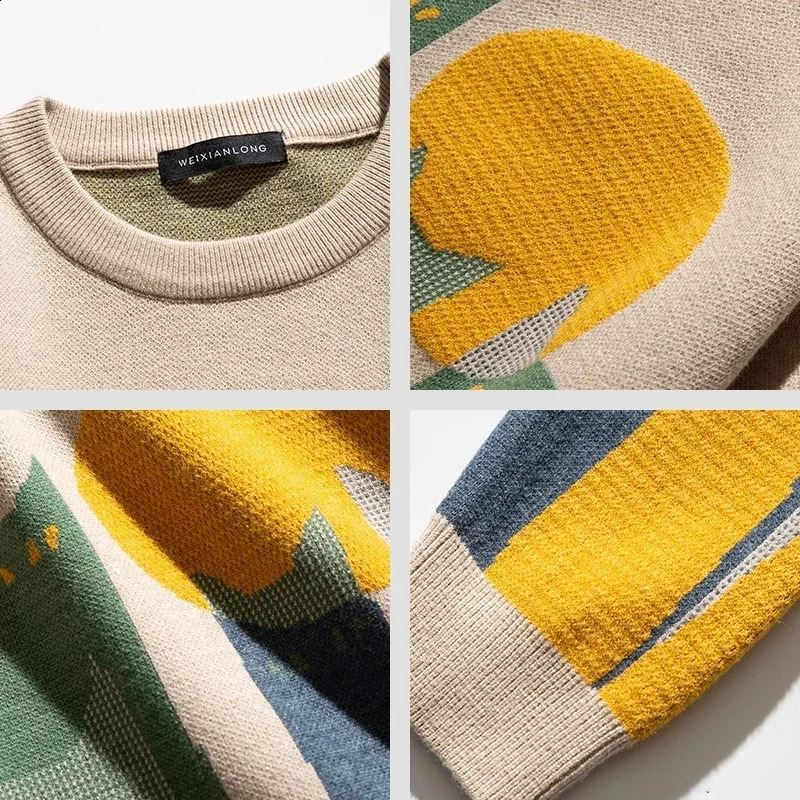Autumn Harajuku Knitted Sweater Mens Winter Cartoon Full Cat Print Pullover Retro Elastic 240821